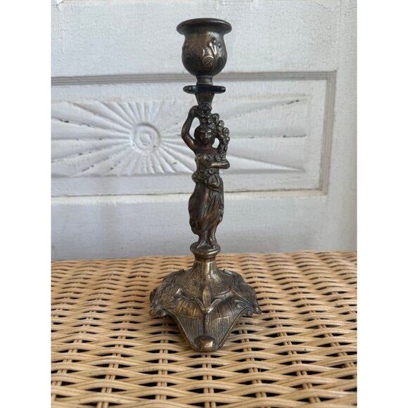 Antique 1910's Art Nouveau Lady With Flowers Candlestick Iron Gold Gilt - Picture 1 of 13